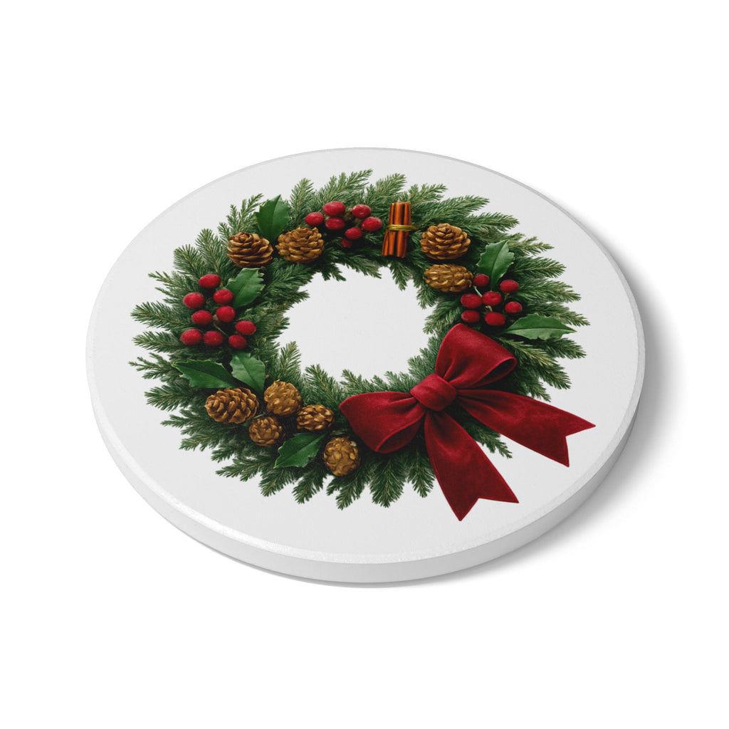 Christmas Wreath Ceramic Cork Coaster — Holiday Drink Mat with Pinecone & Red Bow