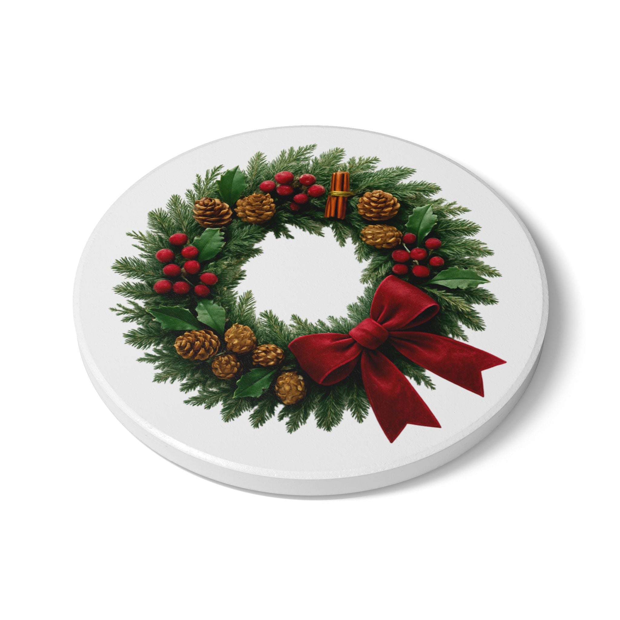 Christmas Wreath Ceramic Cork Coaster — Holiday Drink Mat with Pinecone & Red Bow