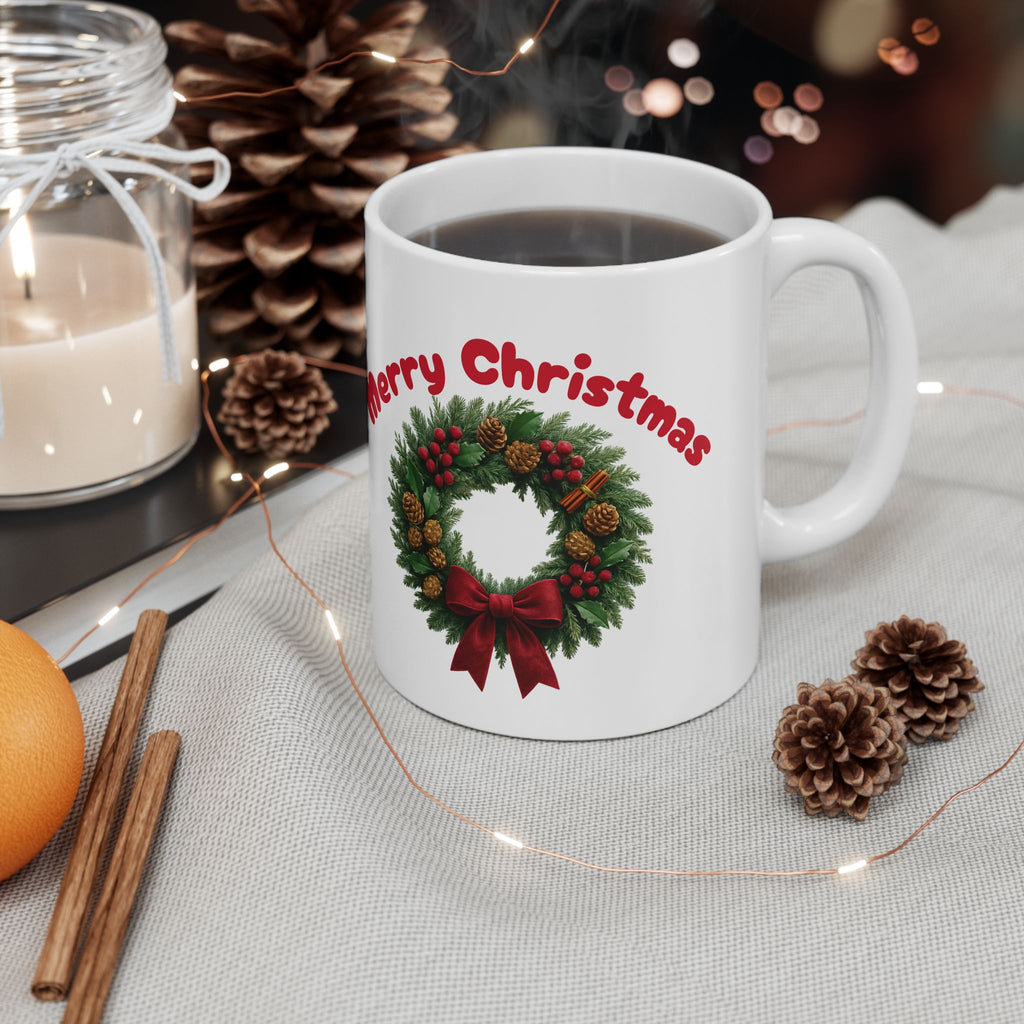 Christmas Wreath Ceramic Mug (11oz, 15oz) — Merry Christmas Holiday Coffee Cup