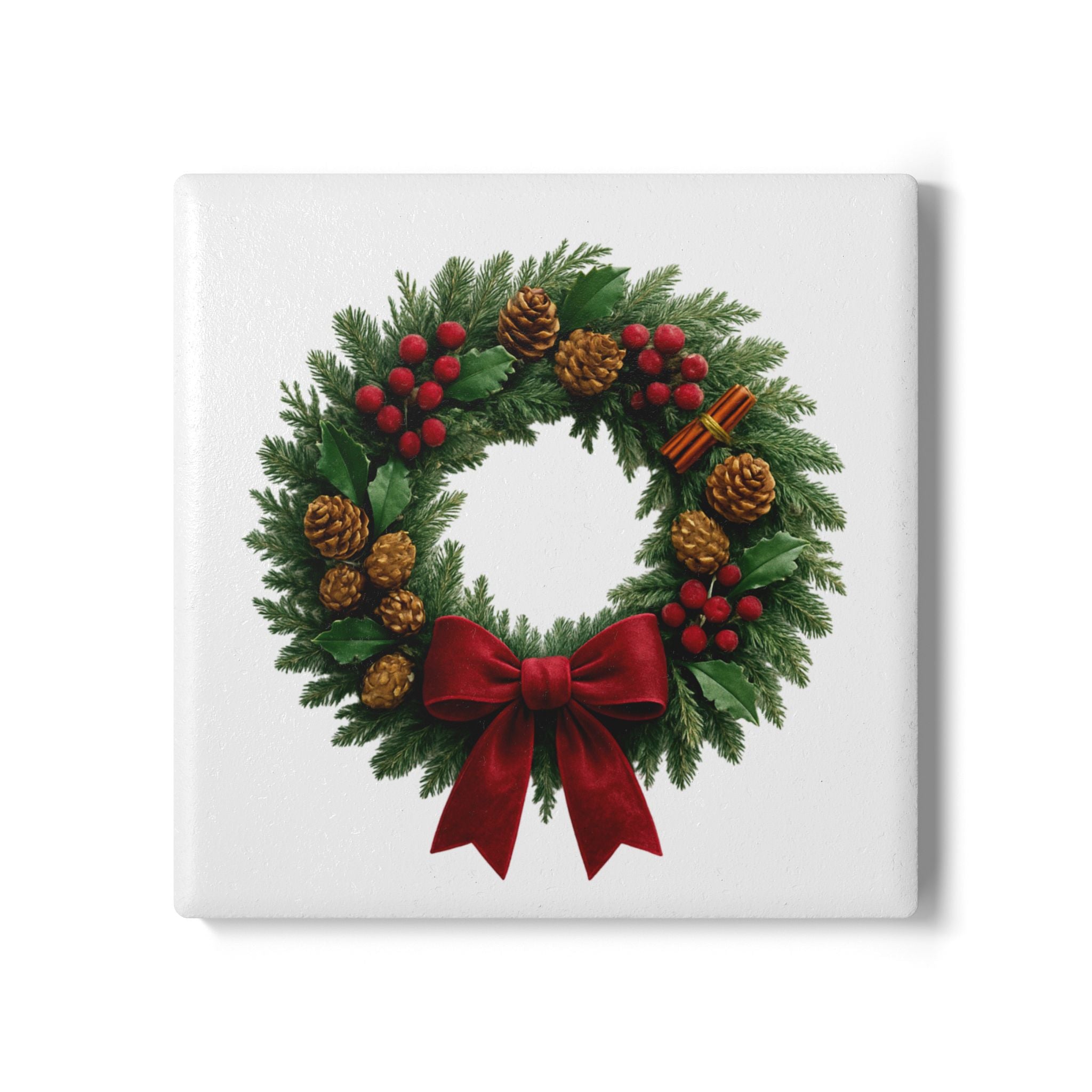 Christmas Wreath Ceramic Cork Coaster — Holiday Drink Mat with Pinecone & Red Bow