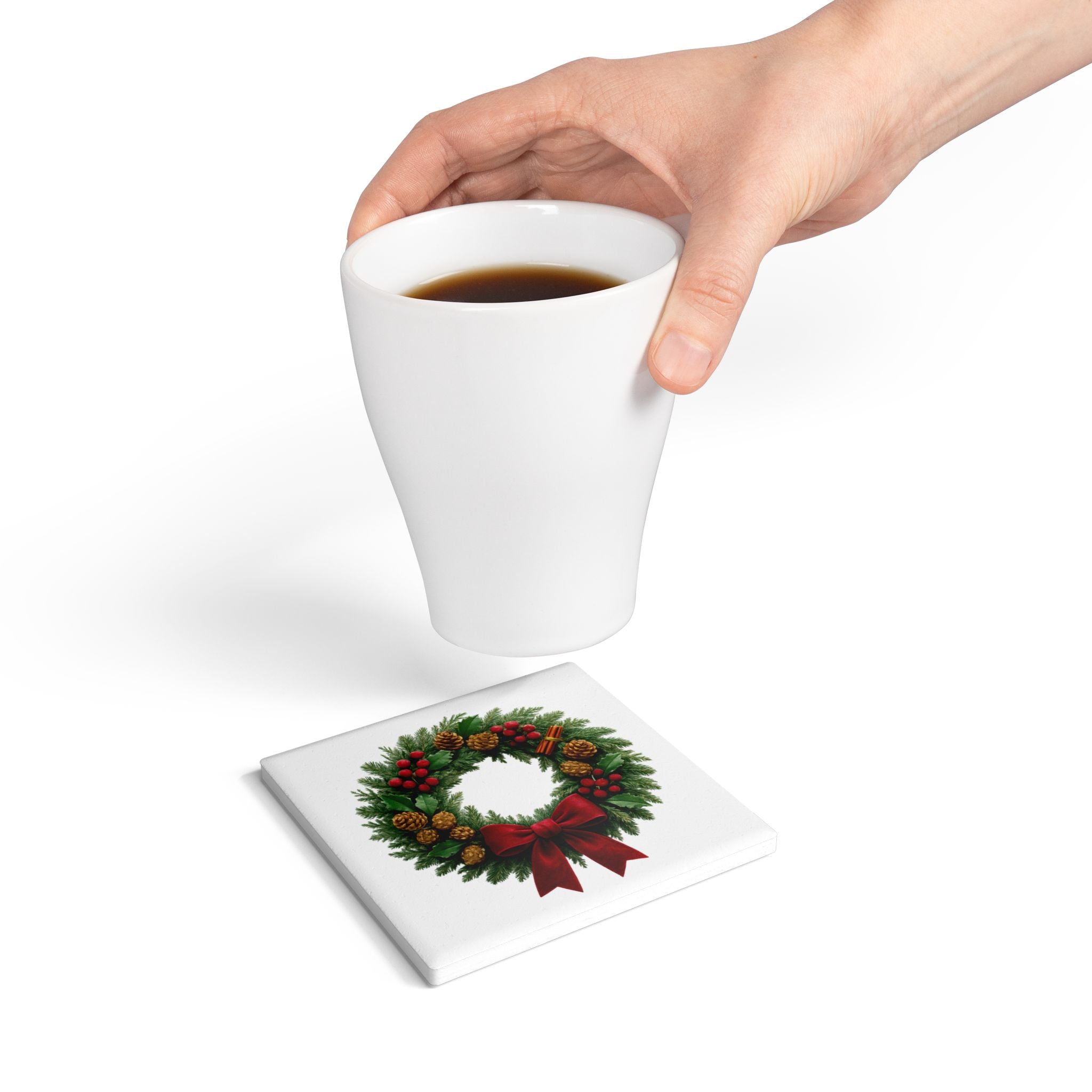 Christmas Wreath Ceramic Cork Coaster — Holiday Drink Mat with Pinecone & Red Bow