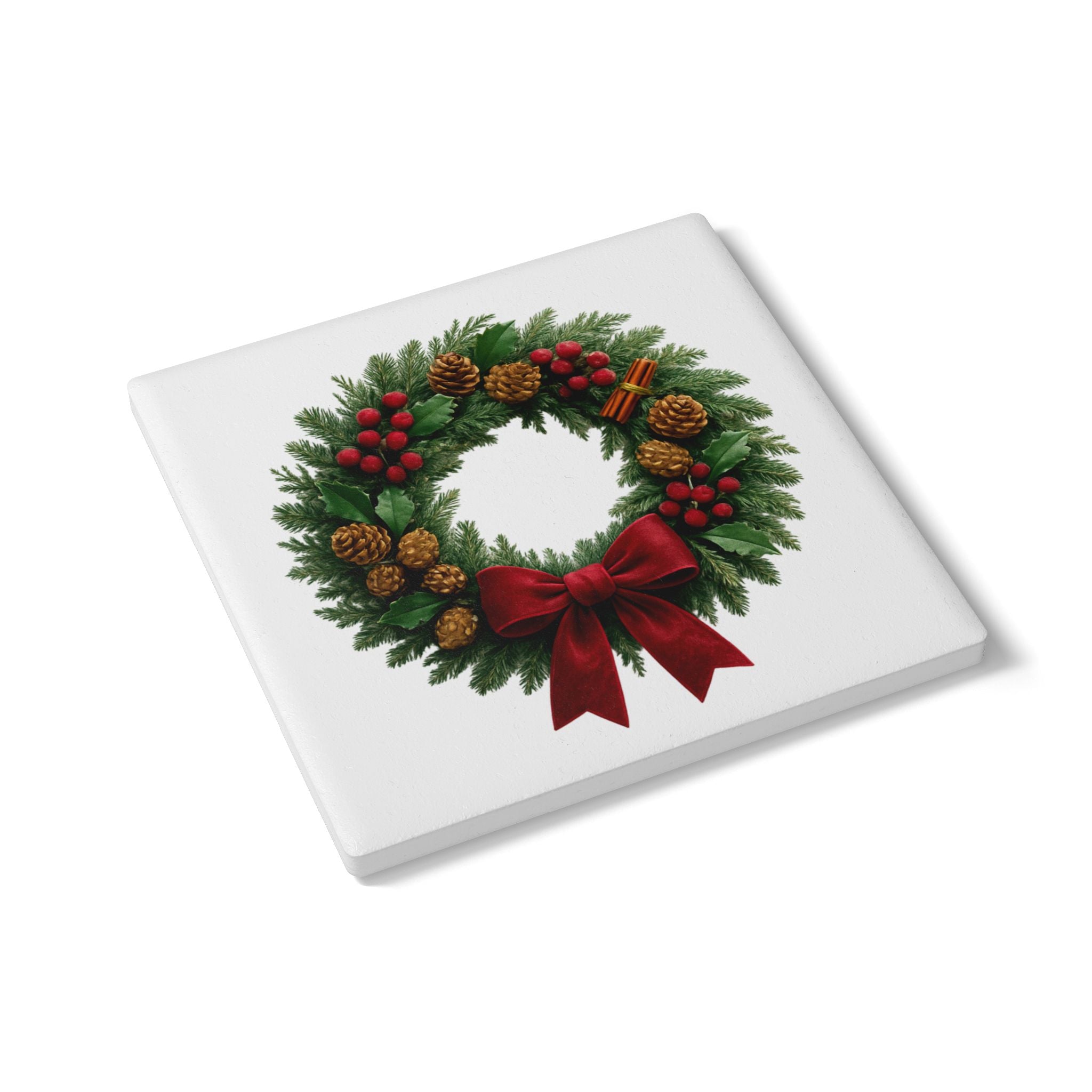 Christmas Wreath Ceramic Cork Coaster — Holiday Drink Mat with Pinecone & Red Bow