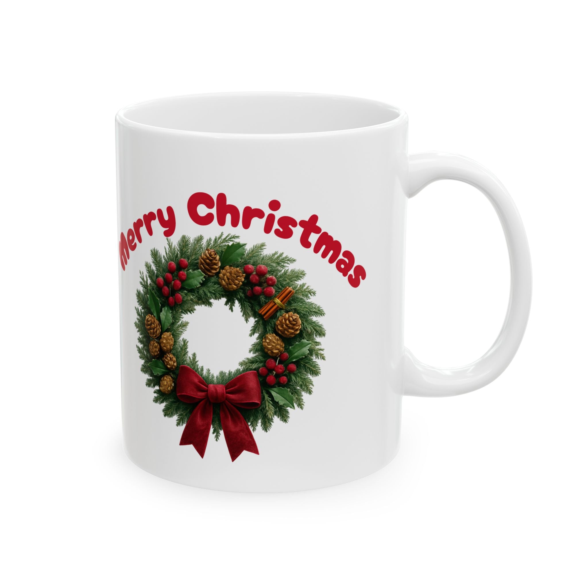 Christmas Wreath Ceramic Mug (11oz, 15oz) — Merry Christmas Holiday Coffee Cup