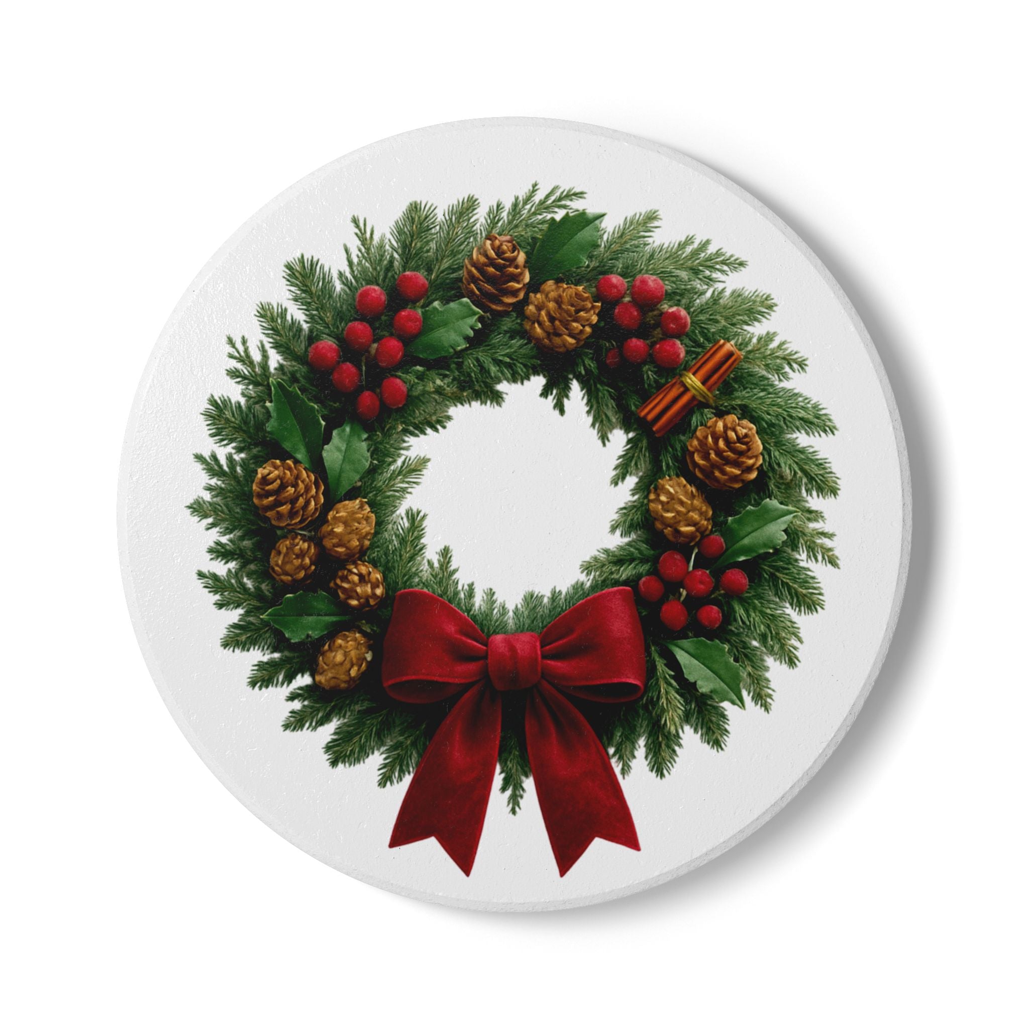 Christmas Wreath Ceramic Cork Coaster — Holiday Drink Mat with Pinecone & Red Bow